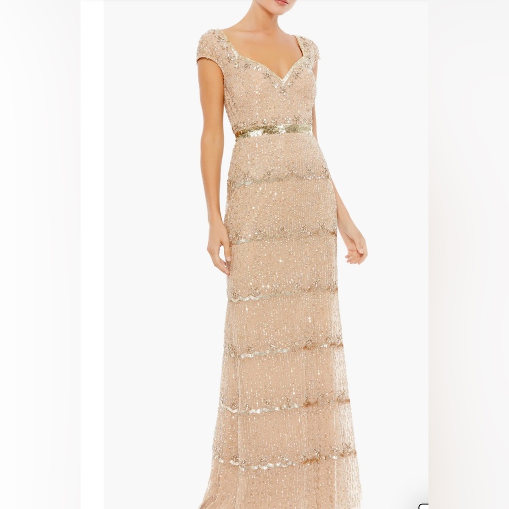 Mac Duggal 9089 CAP SLEEVE EMBELLISHED COLUMN GOWN, Gold various size 14